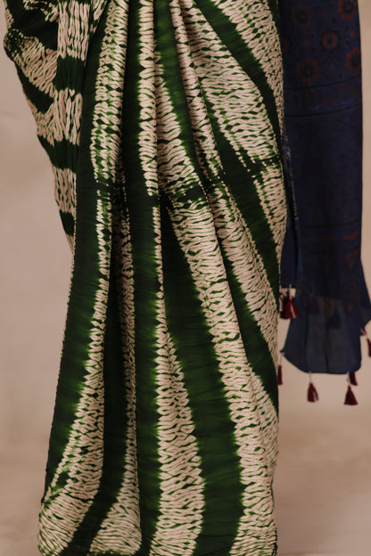Bottle Green Needle Shibori and Ajrakh Handblock Printed Modal Silk Saree | Looms & Tassels