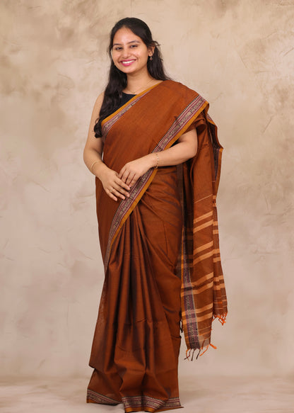 Mustard Narayanpet Cotton Saree | Looms & Tassels