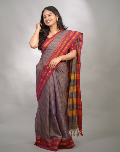 Lavender Dual Tone Checks Narayanpet Cotton Saree with Traditional contrast Border | Looms & Tassels