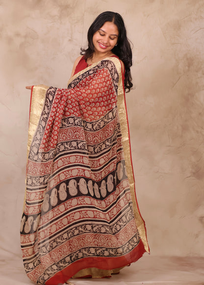 Maroon Chiffon Hand Block Printed Saree with Jari Border | Looms & Tassels