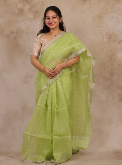 Pastel Lime Green Handwoven Muslin Silk Saree With Sequence Work | Looms & Tassels
