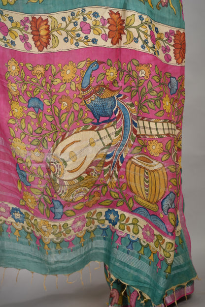 Bue Hand Drawn Pen  Mangalagiri Silk Saree | Looms & Tassels