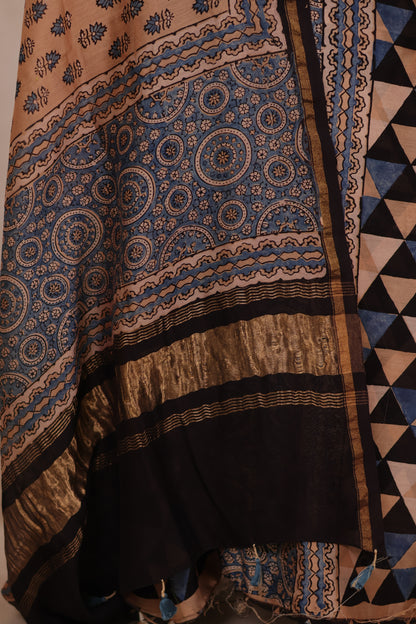 Chanderi Silk Cotton Ajrakh Handblock Printed 2 Piece Suit Set | Looms & Tassels