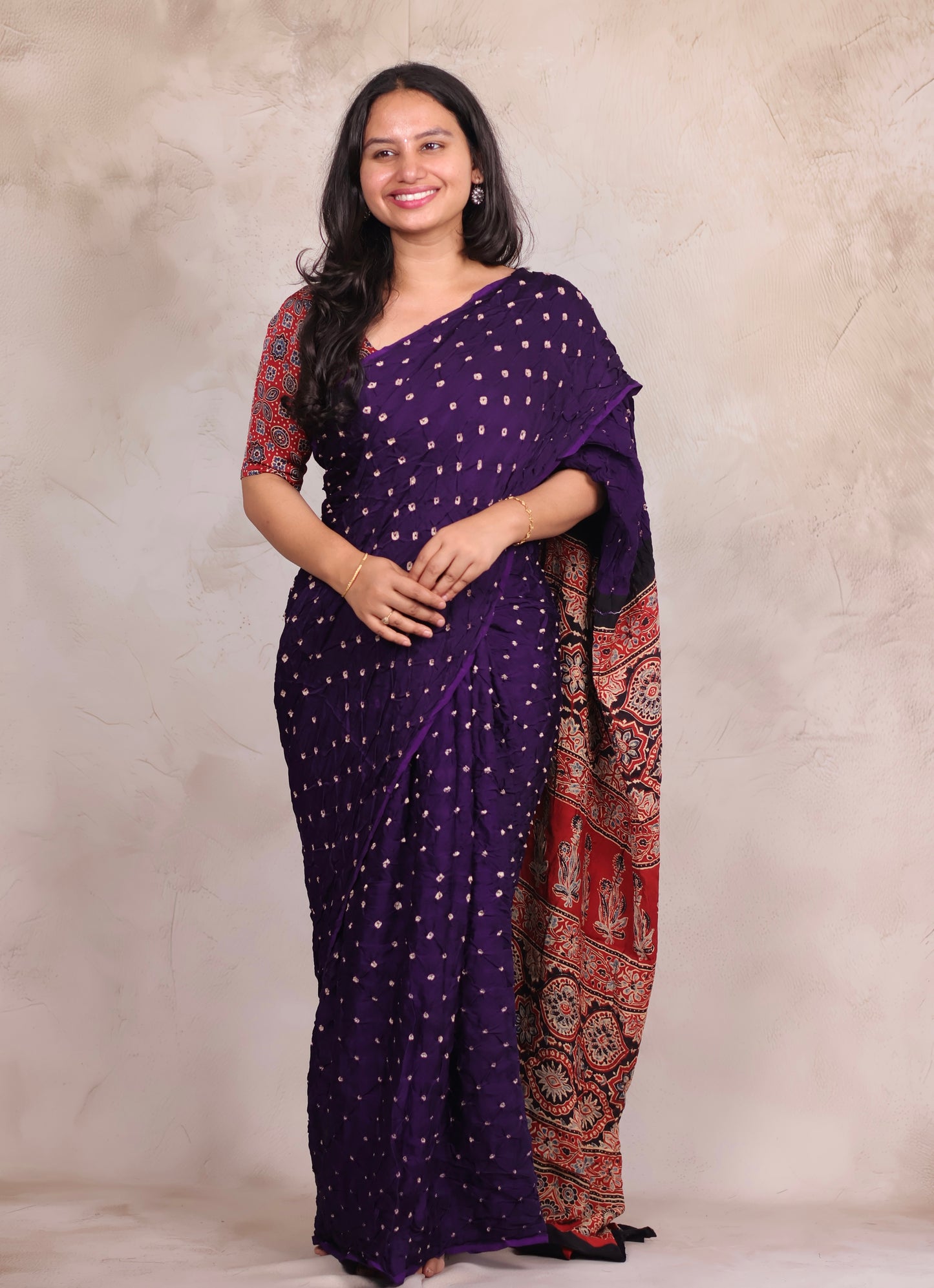 Purple Hand Knotted Bandhej Modal Silk Saree with Ajrakh Pallu | Looms & Tassels