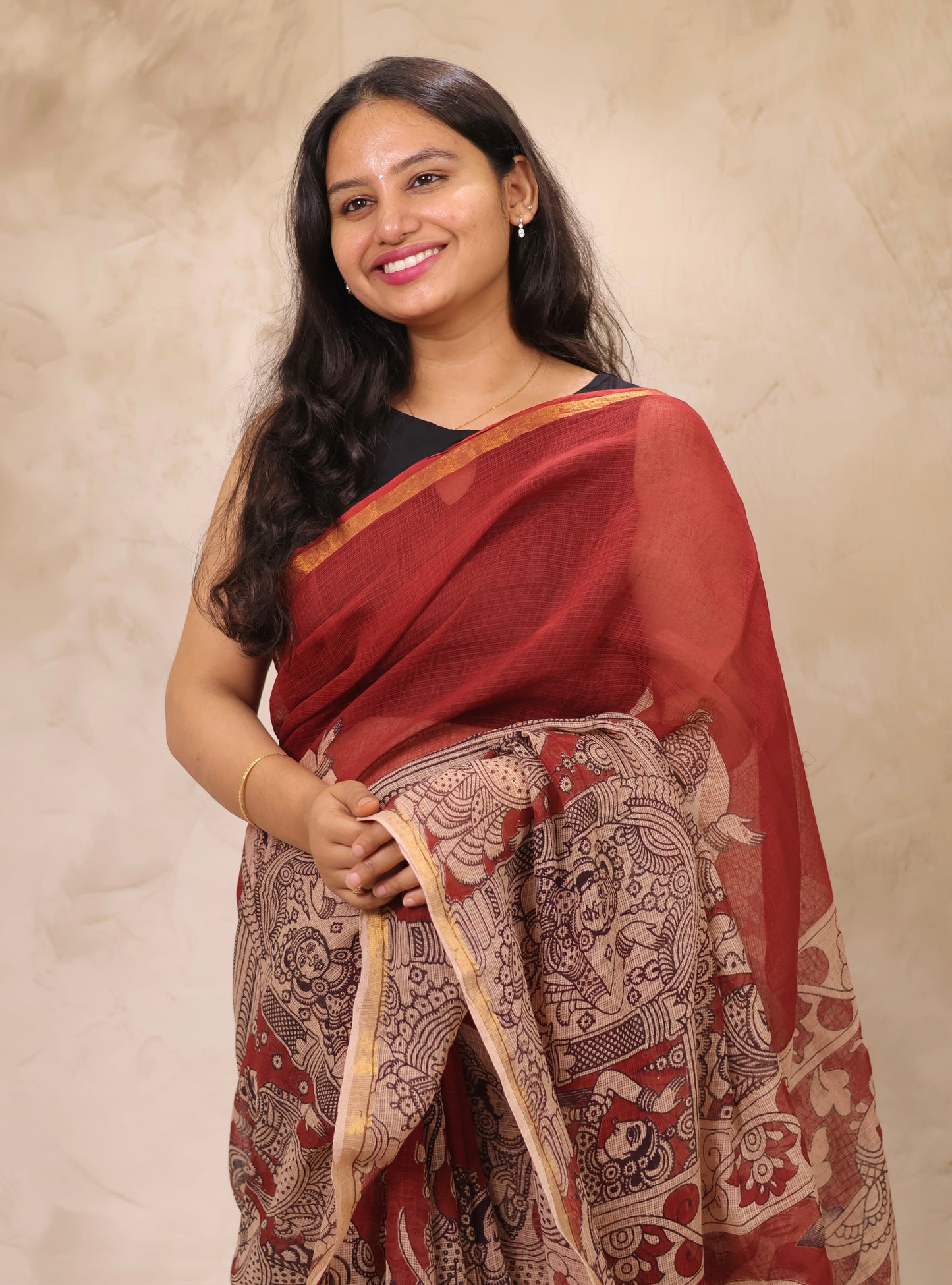 Maroon Kota Doria Saree with Kalamkari Handblock Prints | Looms & Tassels