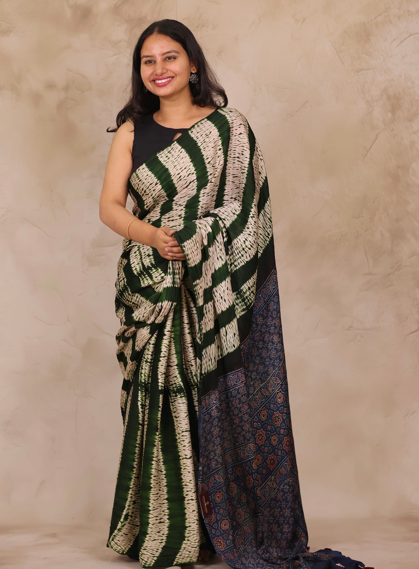 Bottle Green Needle Shibori and Ajrakh Handblock Printed Modal Silk Saree | Looms & Tassels