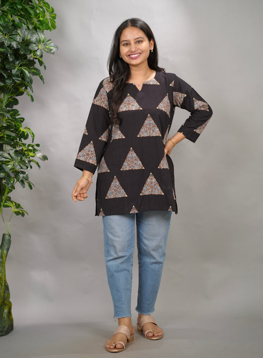 Black Ajrakh Hand Block Printed Short Top  | Looms & Tassels