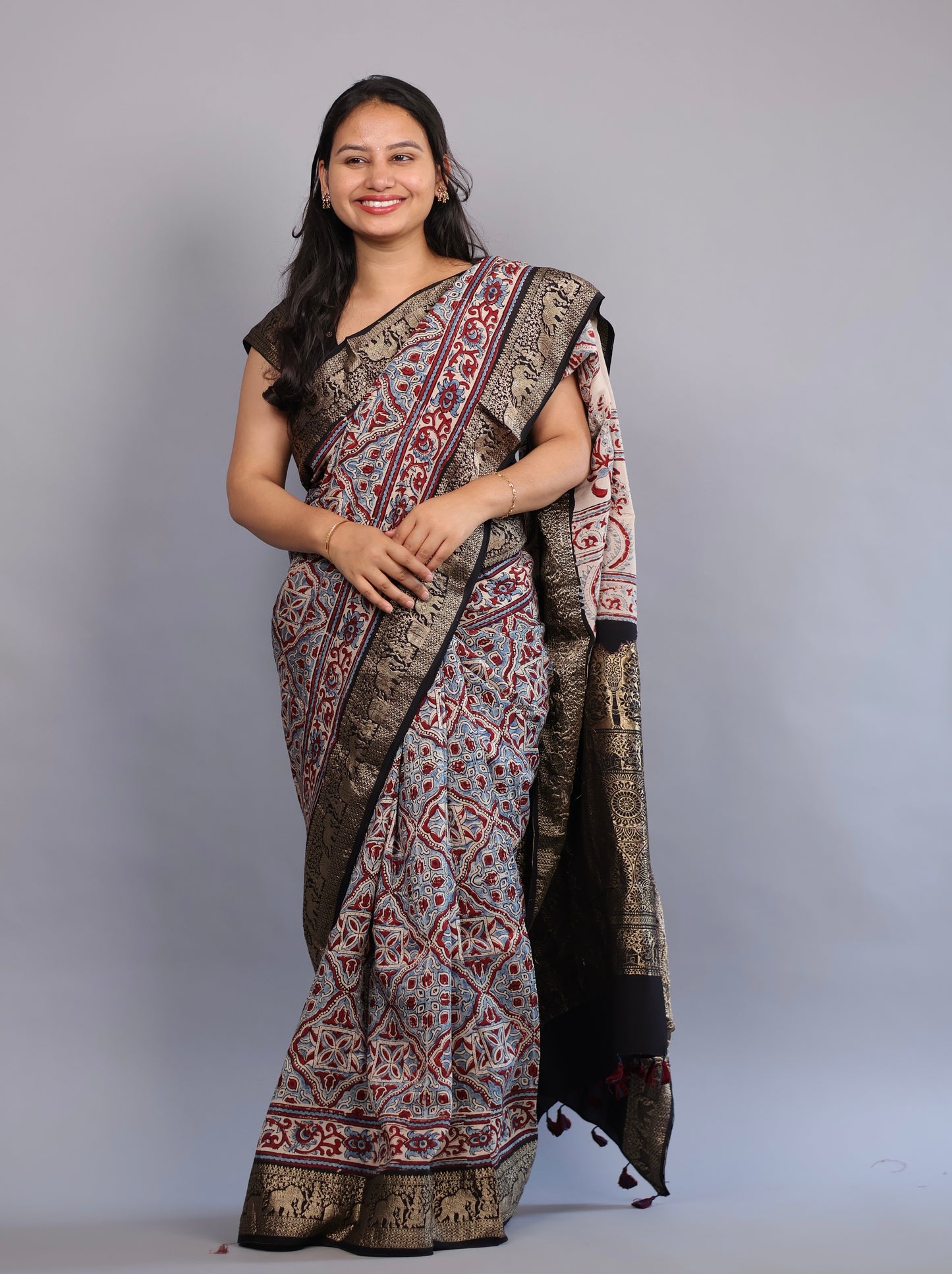 Cream Geometrical & Floral Ajrakh Motifs Handblock printed Dola Silk Saree | Looms & Tassels