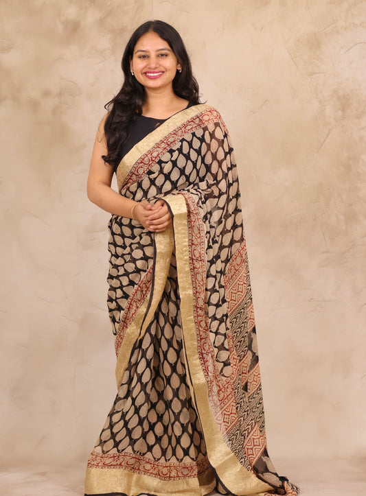 Black Chiffon Hand Block Printed Saree with Jari Border | Looms & Tassels