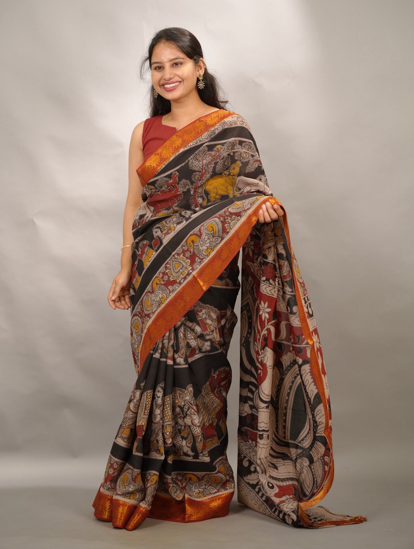 Black Kanchi border Kalamkari chennur silk saree | Looms & Tassels