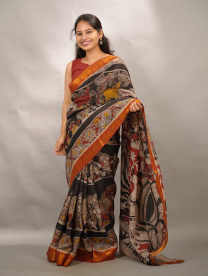 Black Kanchi border Kalamkari chennur silk saree | Looms & Tassels