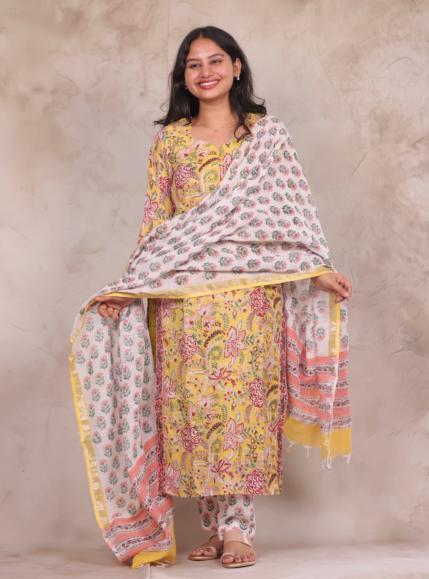 Yellow Linen Cotton Handblock printed 3 piece suit (stitched)