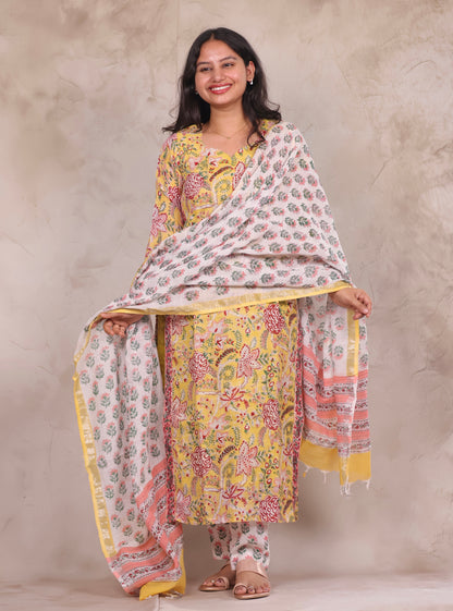 Yellow Linen Cotton Handblock printed 3 piece suit (stitched)