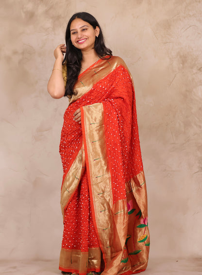 Orange Handcrafted Bandhani Paithani Dola Silk Saree | Looms & Tassels