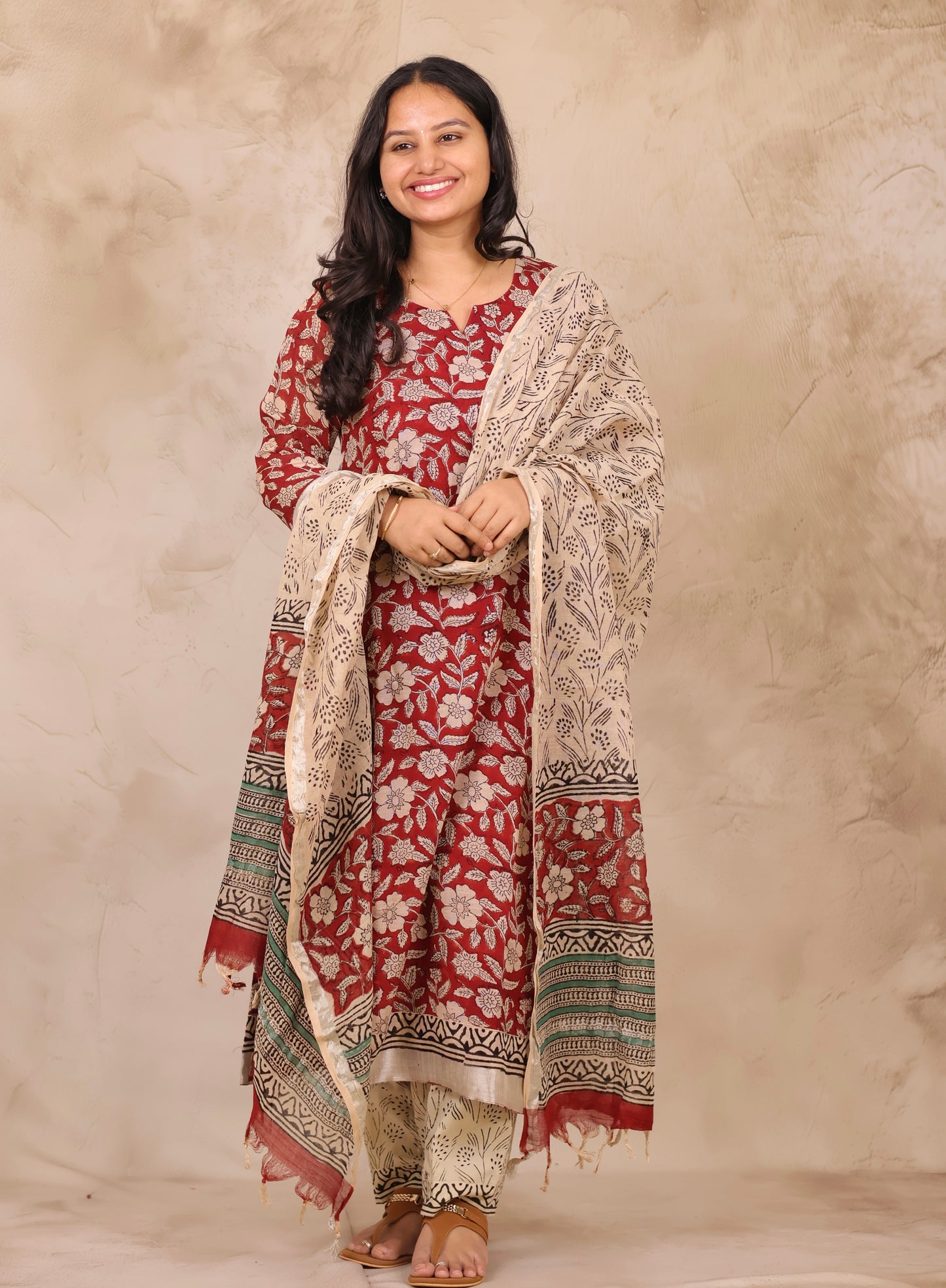 Maroon Linen Cotton Handblock printed 3 piece suit (stitched)