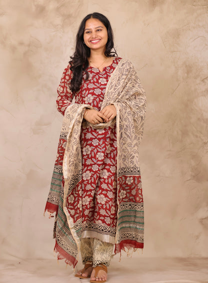 Maroon Linen Cotton Handblock printed 3 piece suit (stitched)