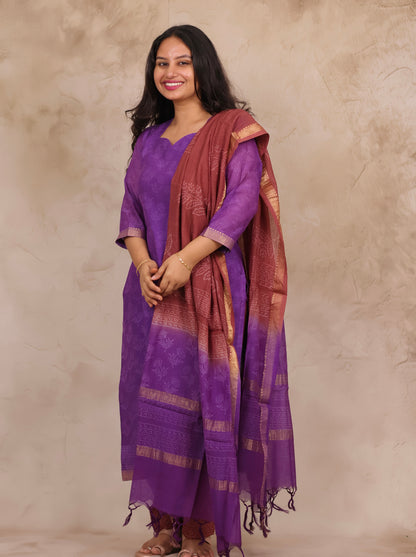 Purple Handblock printed Pure Maheswari Silk 3 piece suit (stitched)