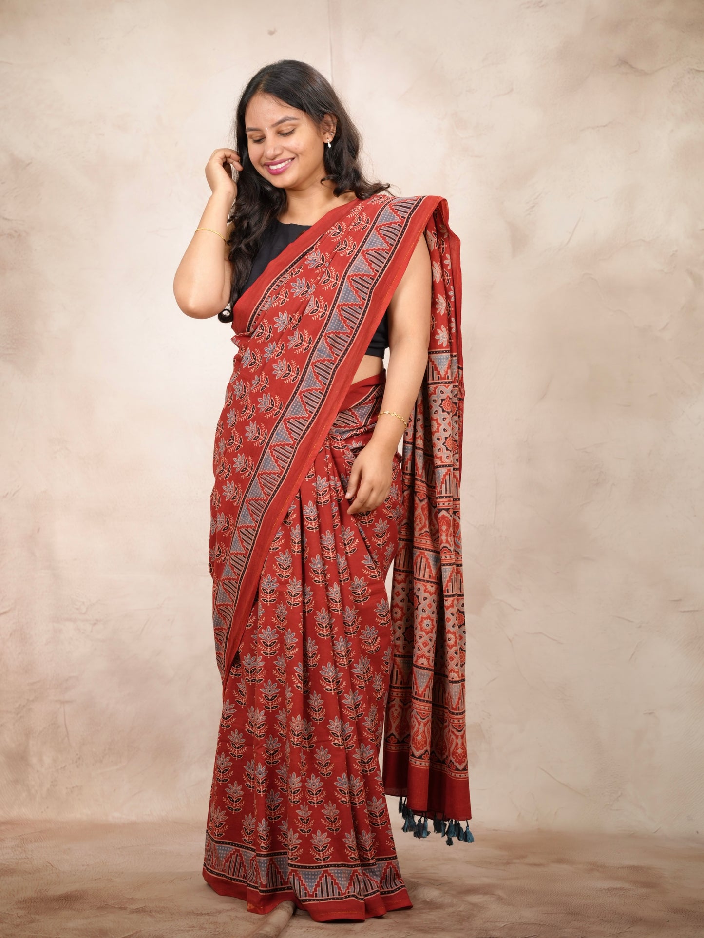 Red Ajrakh Hand Block Printed Cotton Saree | Looms & Tassels