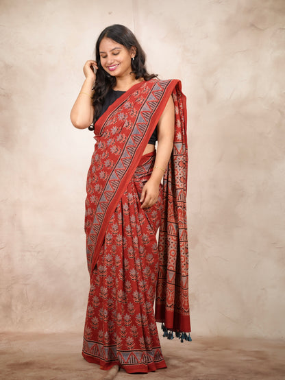 Red Ajrakh Hand Block Printed Cotton Saree | Looms & Tassels