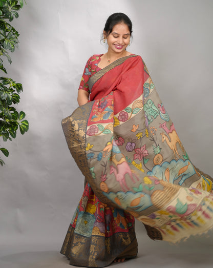 Pink Hand Drawn Pen Kalamkari Bangalore Silk Kanchi Border Saree | Looms & Tassels