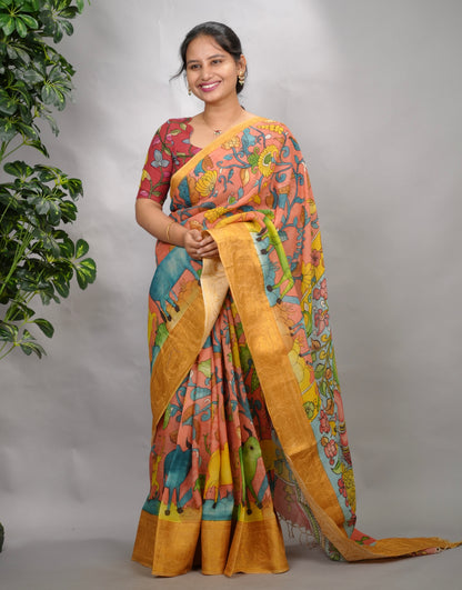 Peach Hand Drawn Pen Kalamkari Bangalore Silk Kanchi Border Saree | Looms & Tassels