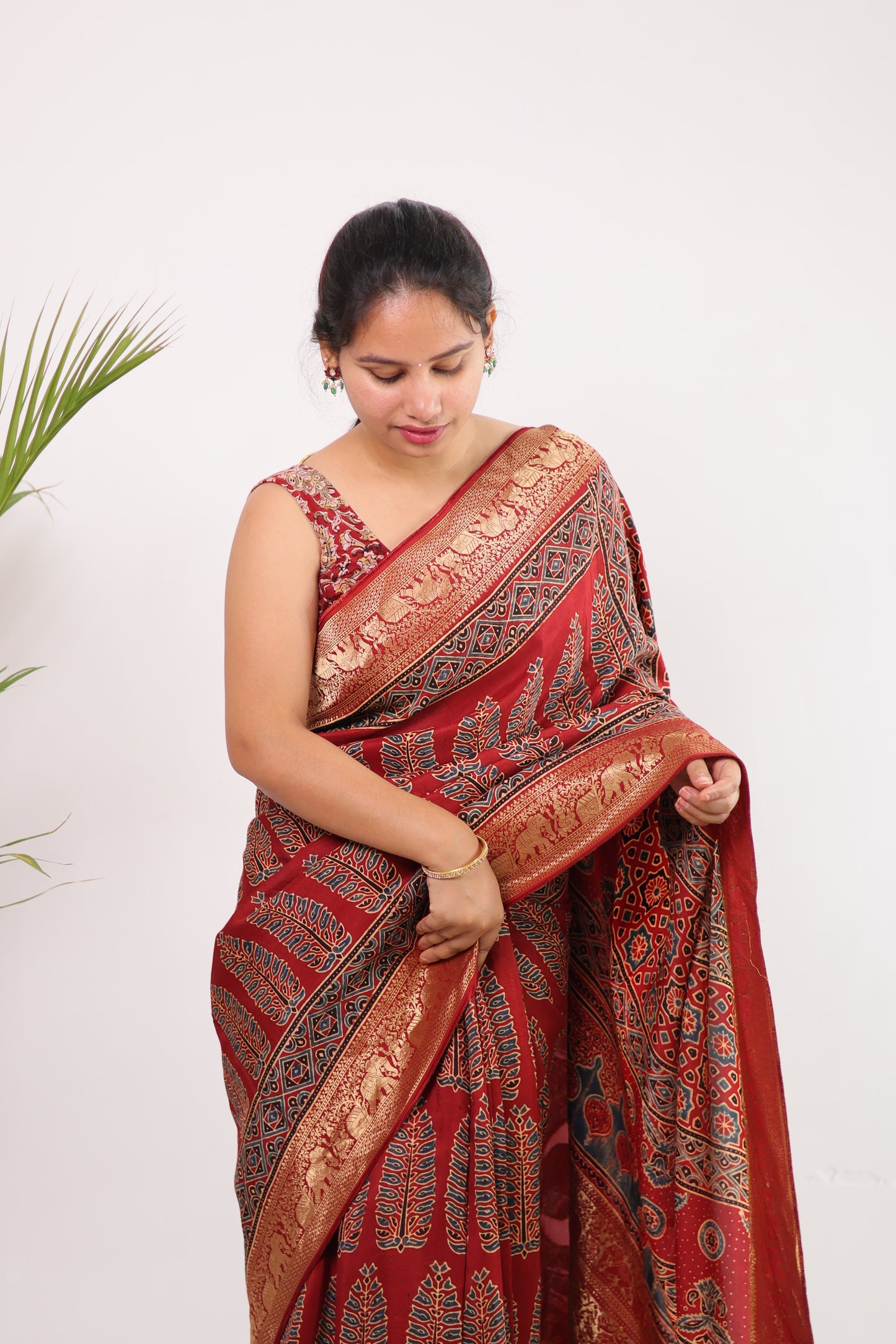 Red Ajrakh Dola Silk Saree