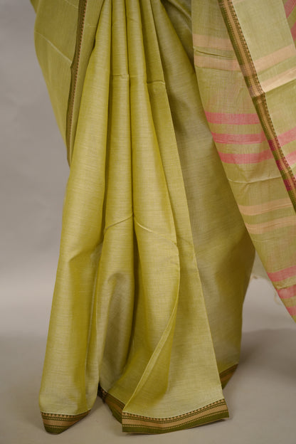 Olive green Narayanpet Cotton Saree | Looms & Tassels