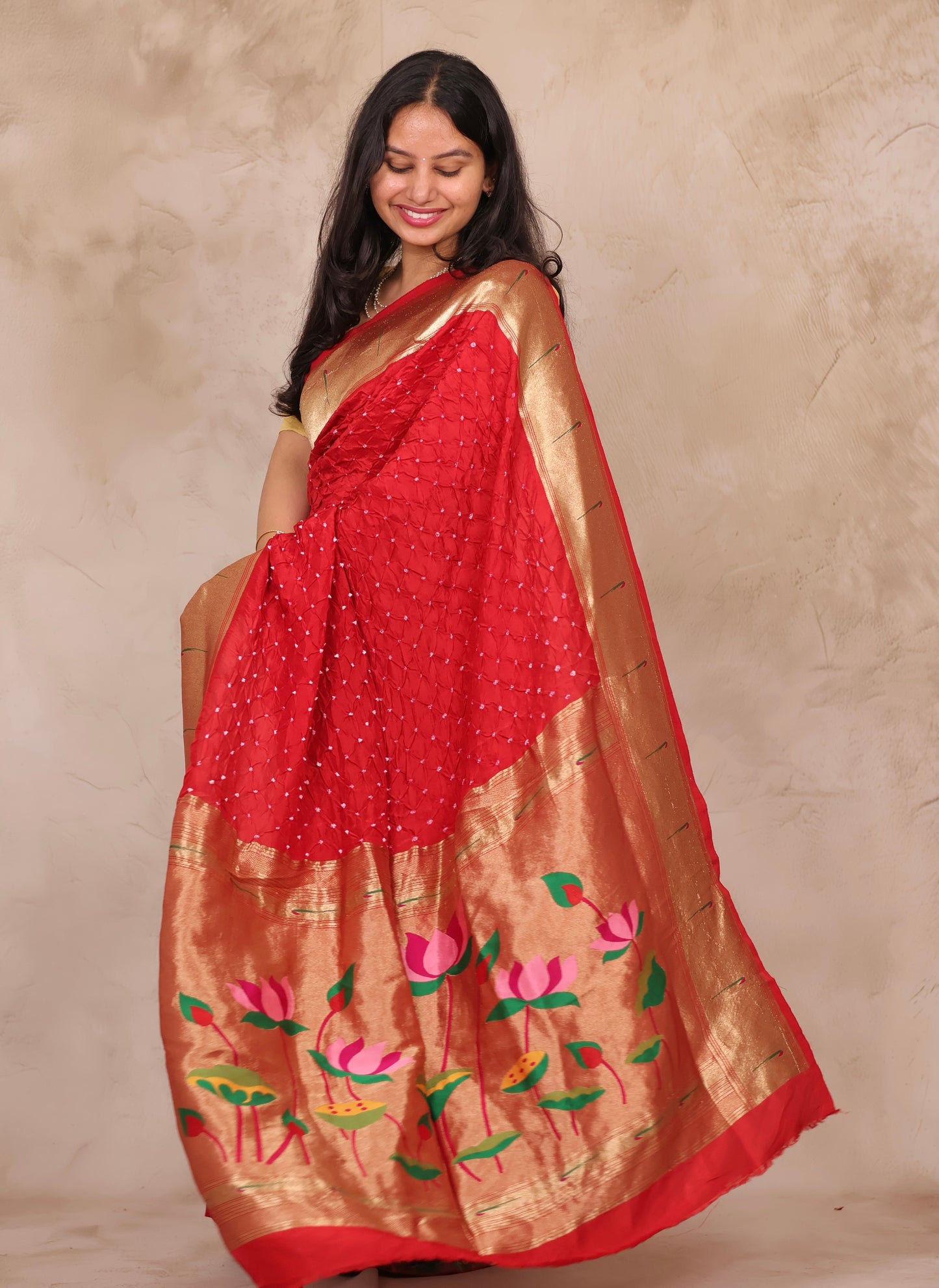Red Handcrafted Bandhani Paithani Dola Silk Saree | Looms & Tassels