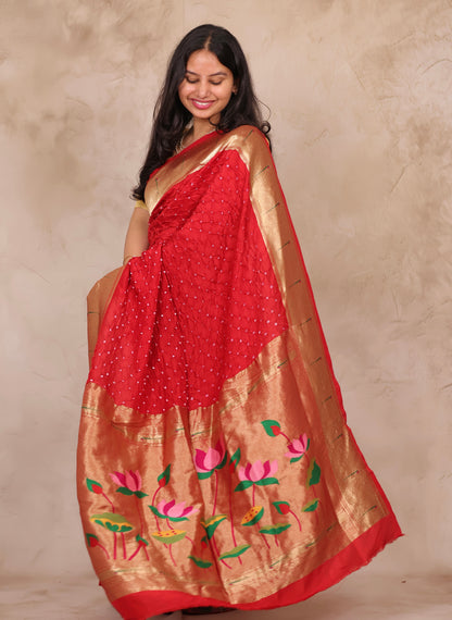 Red Handcrafted Bandhani Paithani Dola Silk Saree | Looms & Tassels