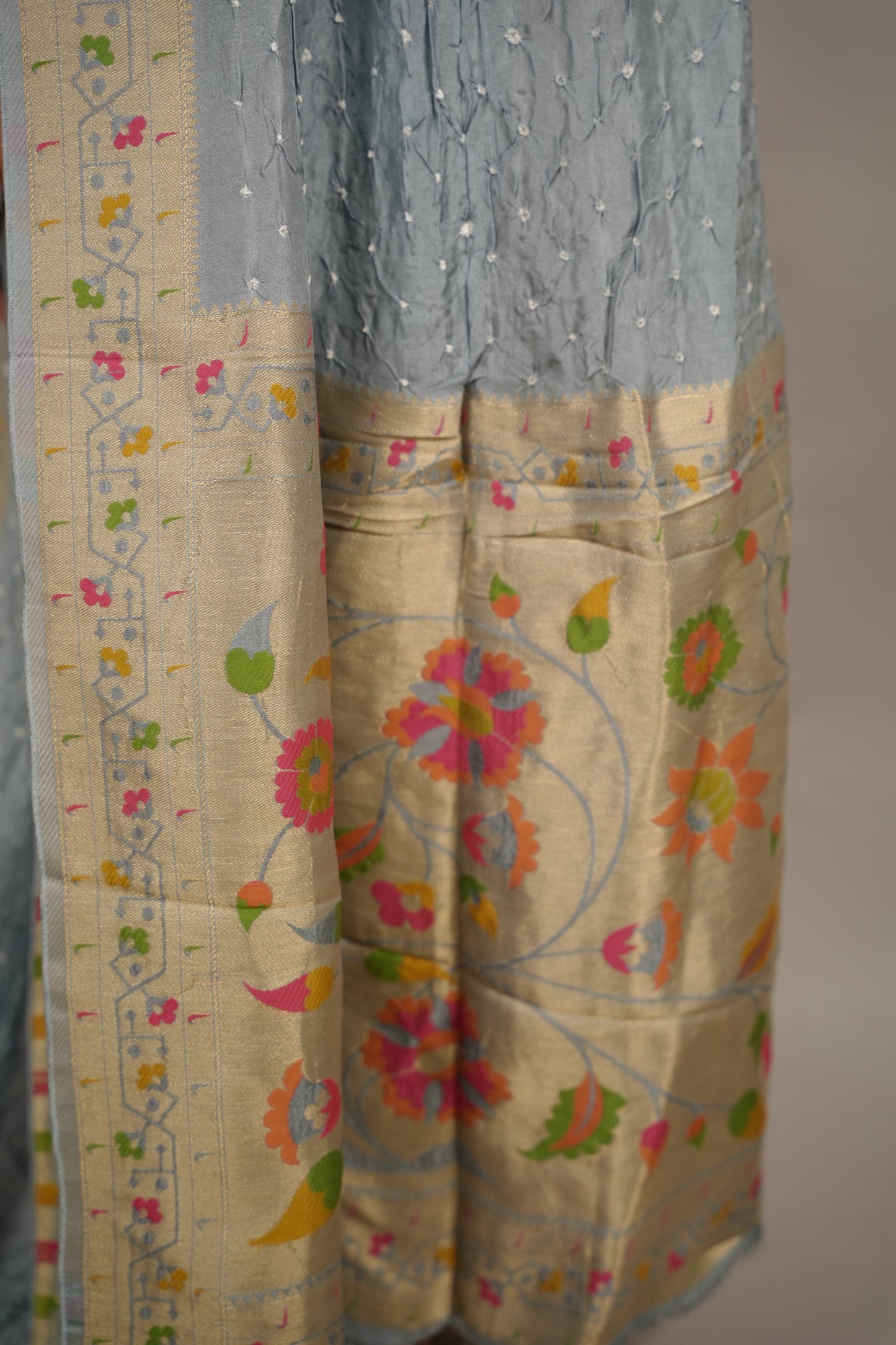 Gray Handcrafted Bandhani Paithani Dola Silk Saree | Looms & Tassels