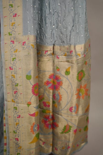 Gray Handcrafted Bandhani Paithani Dola Silk Saree | Looms & Tassels