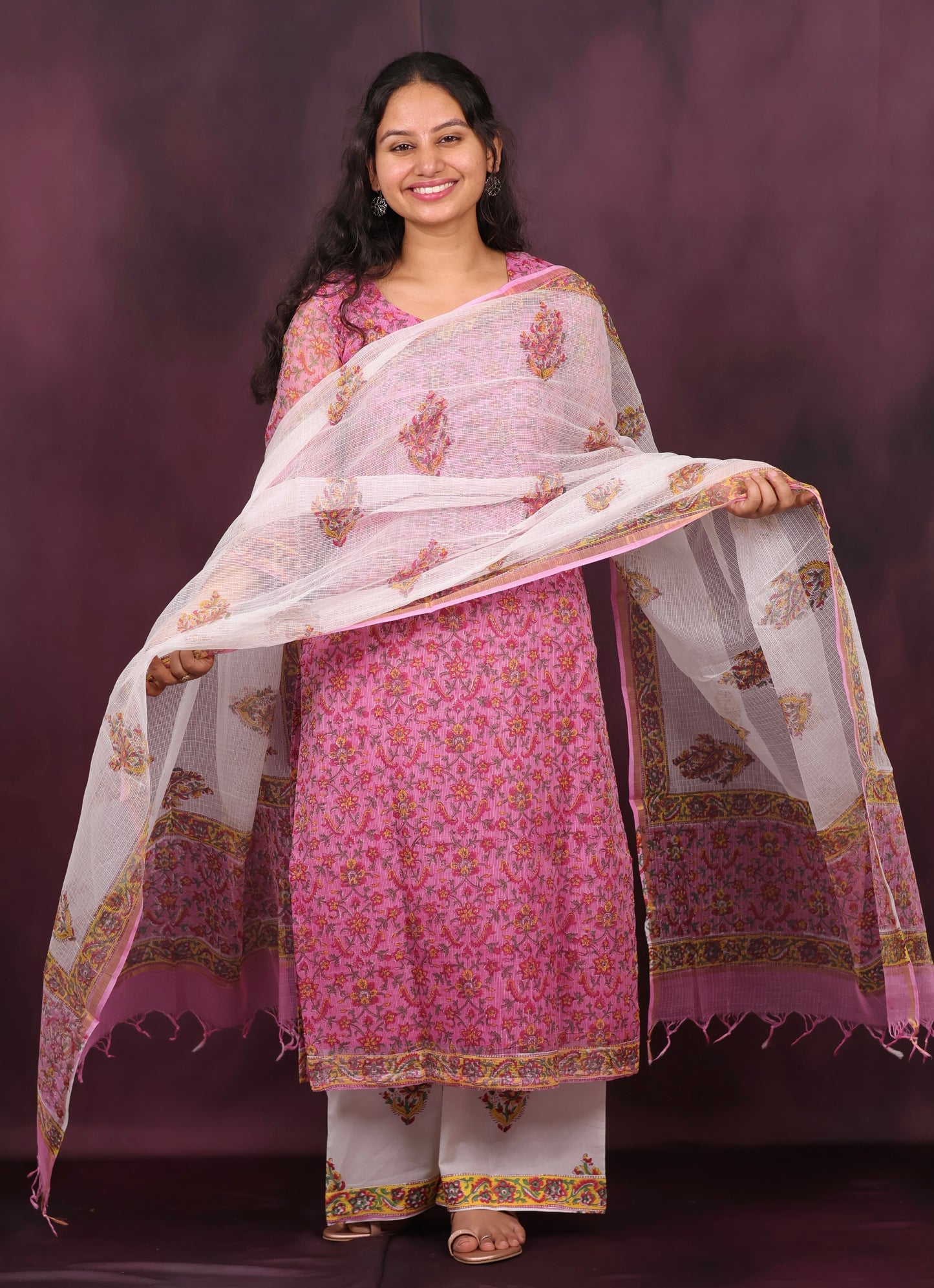Pink Handblock printed kota 3 piece suit (stitched)