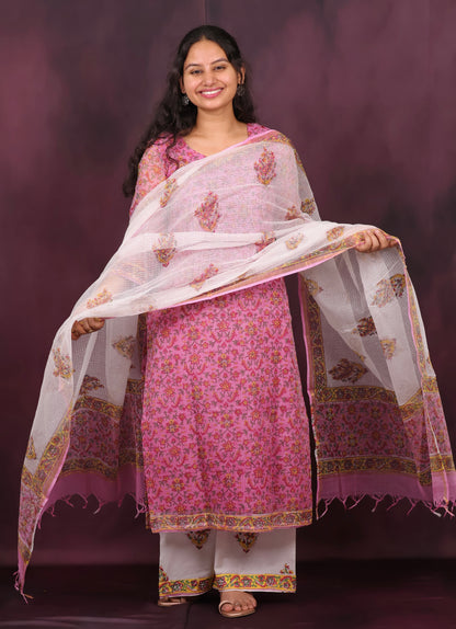 Pink Handblock printed kota 3 piece suit (stitched)