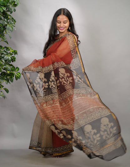 Maroon Pure Kota Doria Saree with Bagru Handblock Prints