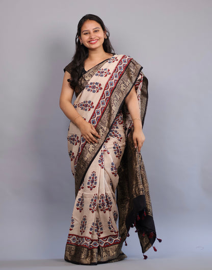 Cream Flower Butta Ajrakh Handblock printed Dola Silk Saree | Looms & Tassels