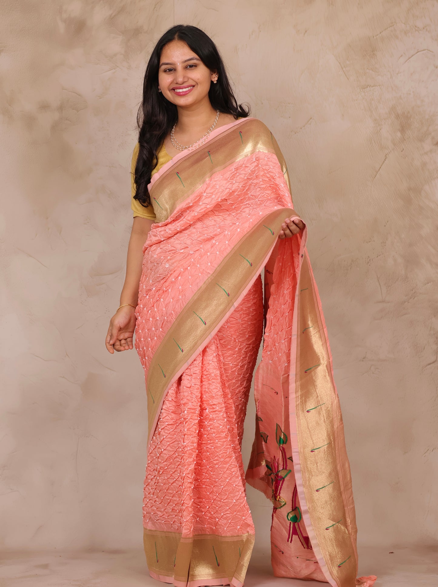 Pastel Handcrafted Bandhani Paithani Dola Silk Saree | Looms & Tassels