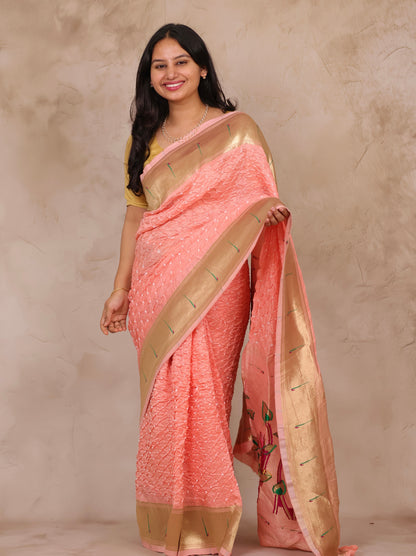 Pastel Handcrafted Bandhani Paithani Dola Silk Saree | Looms & Tassels
