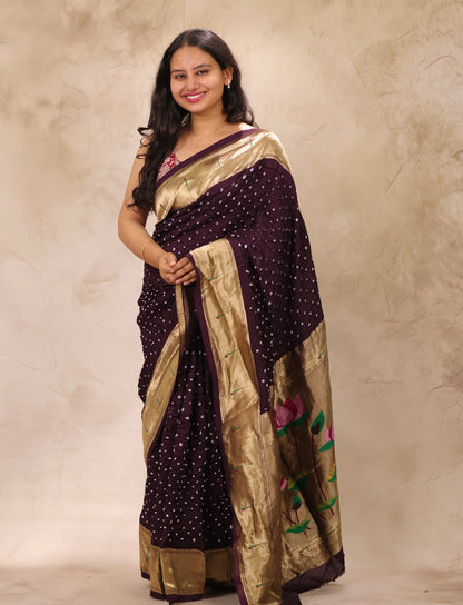 Deep Purple Handcrafted Bandhani Paithani Dola Silk Saree | Looms & Tassels