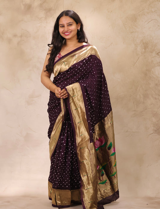 Deep Purple Handcrafted Bandhani Paithani Dola Silk Saree | Looms & Tassels