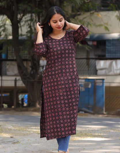 Black & Maroon Ajrakh Hand Block Printed Kurti
