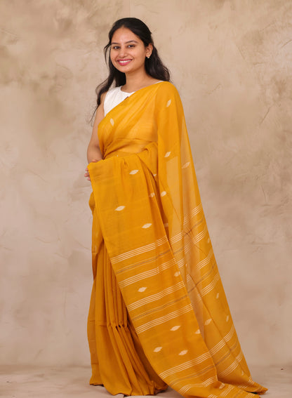 Mustard Malai Cotton Saree with Butta Weaving | Looms & Tassels