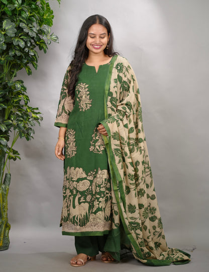 Green Kalamkari Kota Cotton 3 piece suit (stitched) | Looms & Tassels