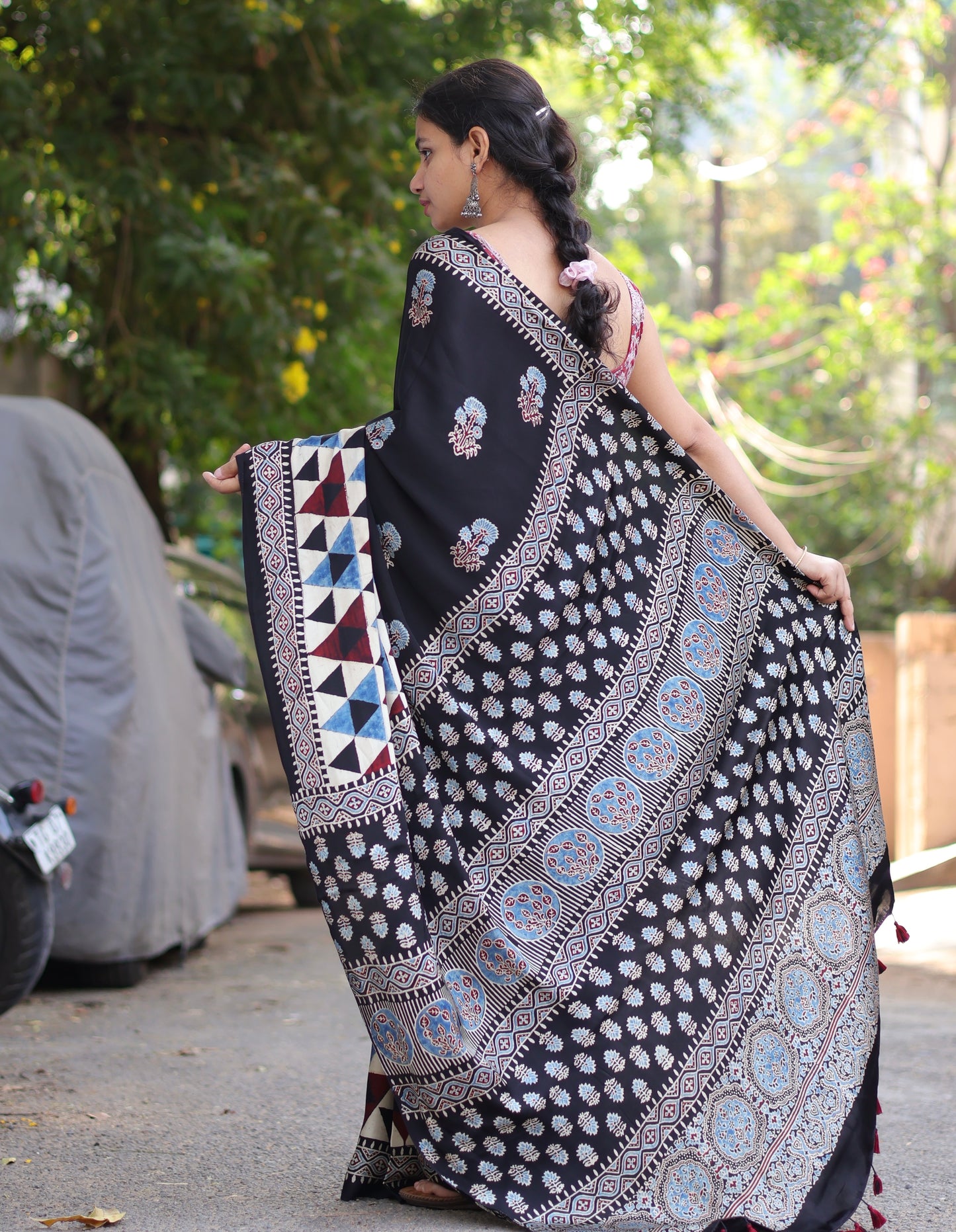 Black Geometrical & Floral Ajrakh Handblock Printed Modal Silk Saree | Looms & Tassels