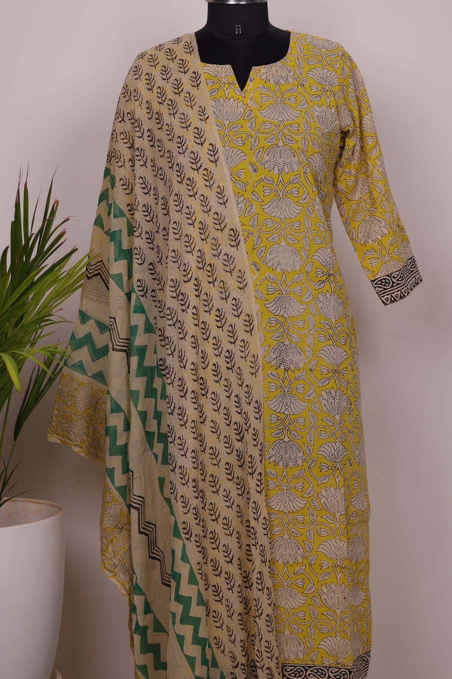 Yellow Handblock printed Pure Mul Cotton with Chiffon Duppata 3 piece suit (stitched)