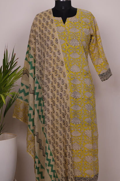 Yellow Handblock printed Pure Mul Cotton with Chiffon Duppata 3 piece suit (stitched)