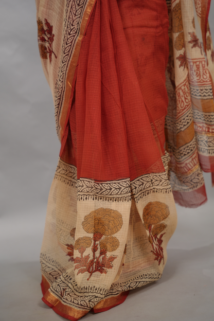 Maroon Pure Kota Doria Saree with Bagru Handblock Prints | Looms & Tassels