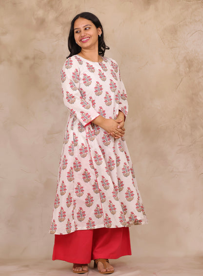Off White Floral Mul Cotton Kurta with Red Palazzo Set | Looms & Tassels