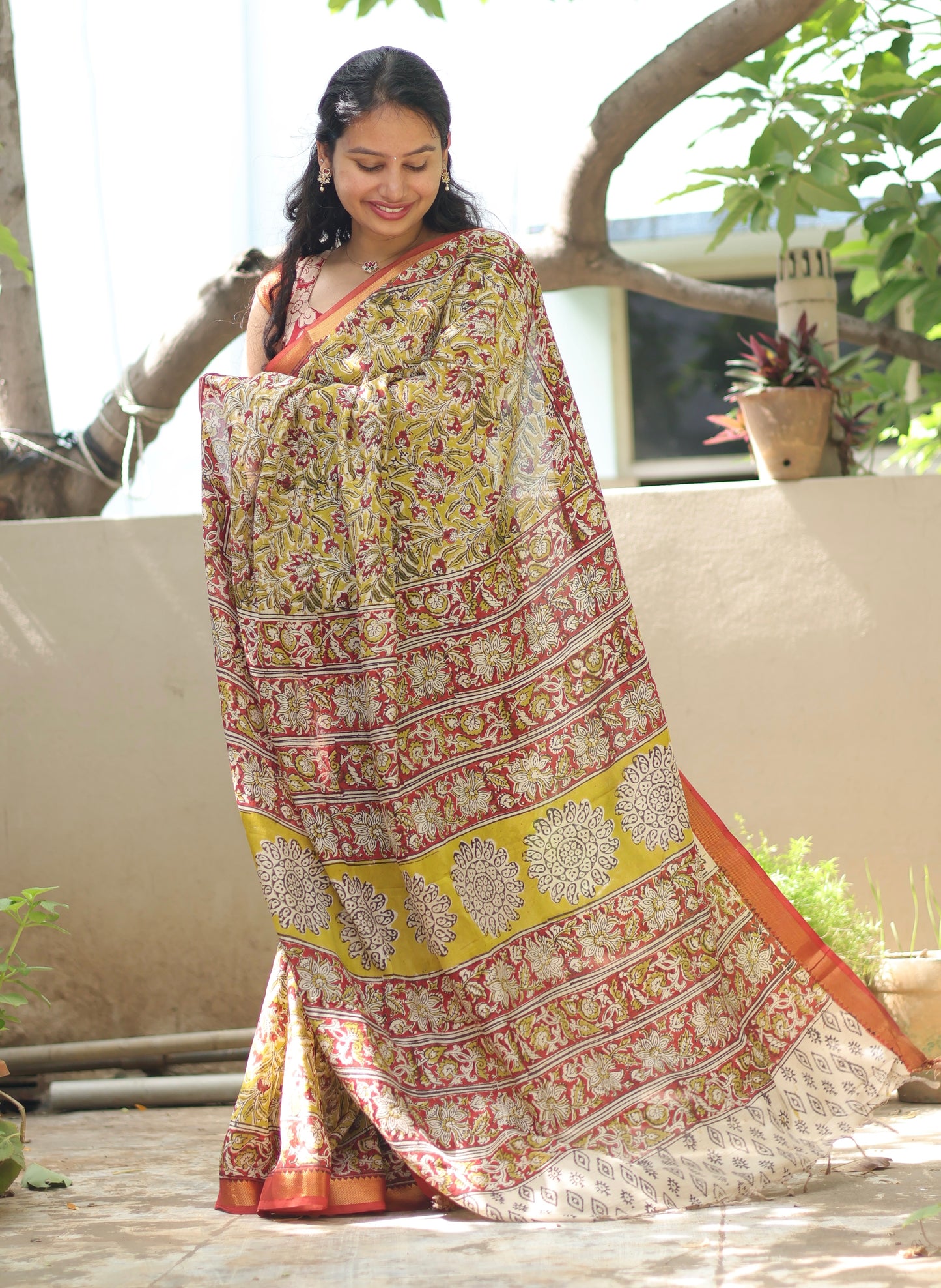 Mustard Hand Block Printed Kalamkari Nizam Border Silk Sare