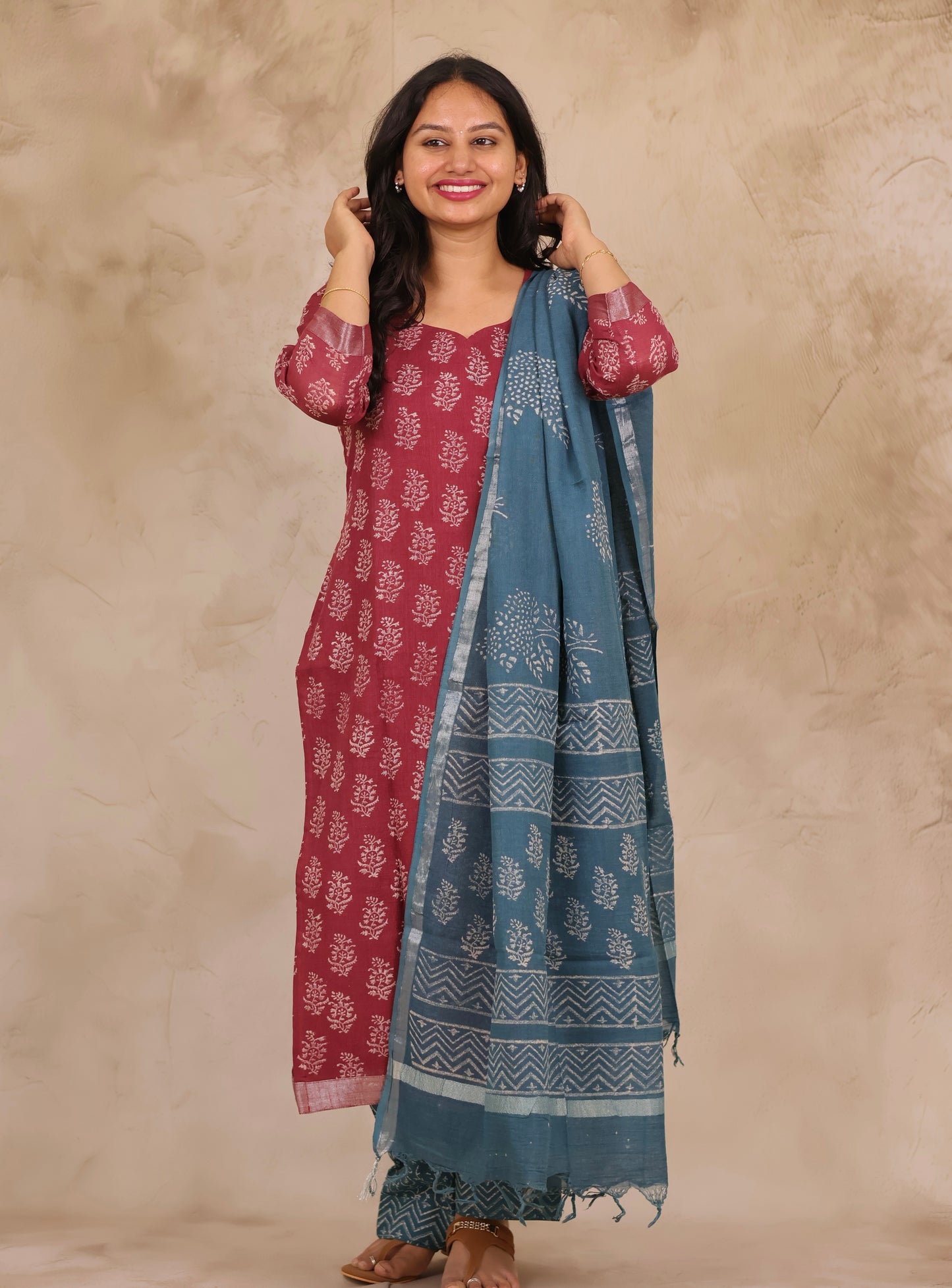 Dusty Rose Linen Cotton Handblock printed 3 piece suit (stitched)