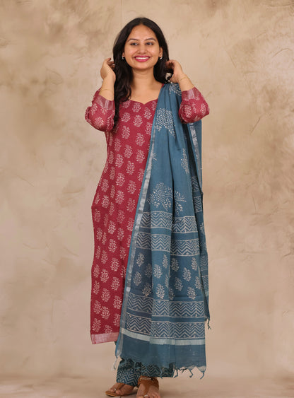 Dusty Rose Linen Cotton Handblock printed 3 piece suit (stitched)
